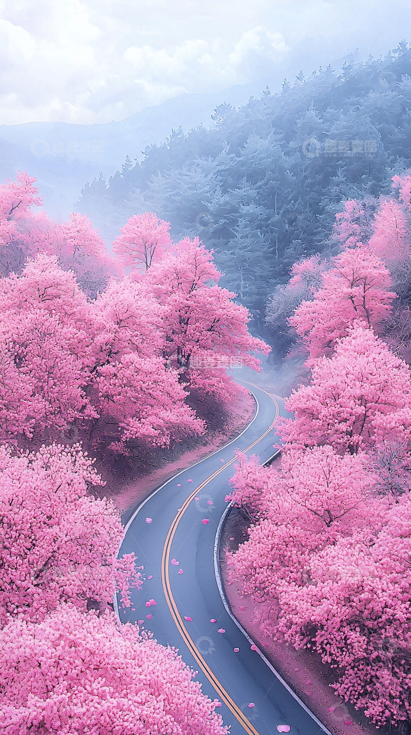 高清大图下载【趣麦麦图】粉红色森林中的蜿蜒道路