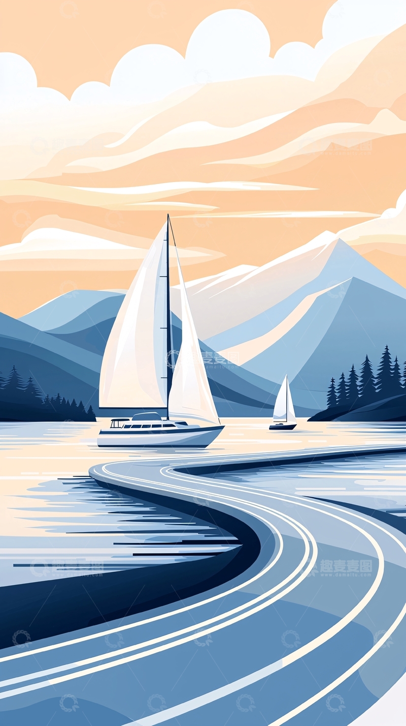 高清大图下载【趣麦麦图】帆船与蜿蜒河流的风景画
