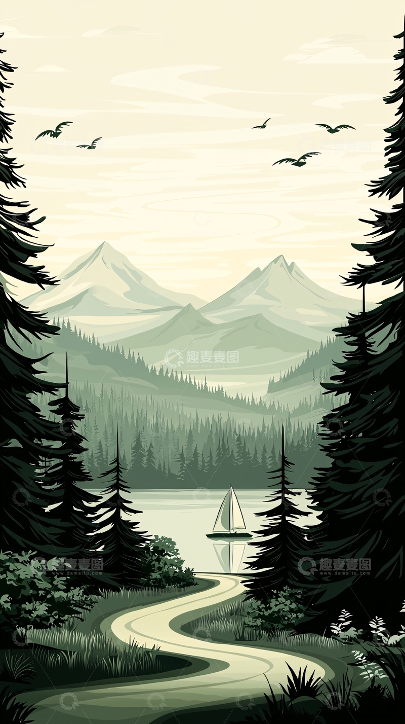 高清大图下载【趣麦麦图】山间湖畔帆船图