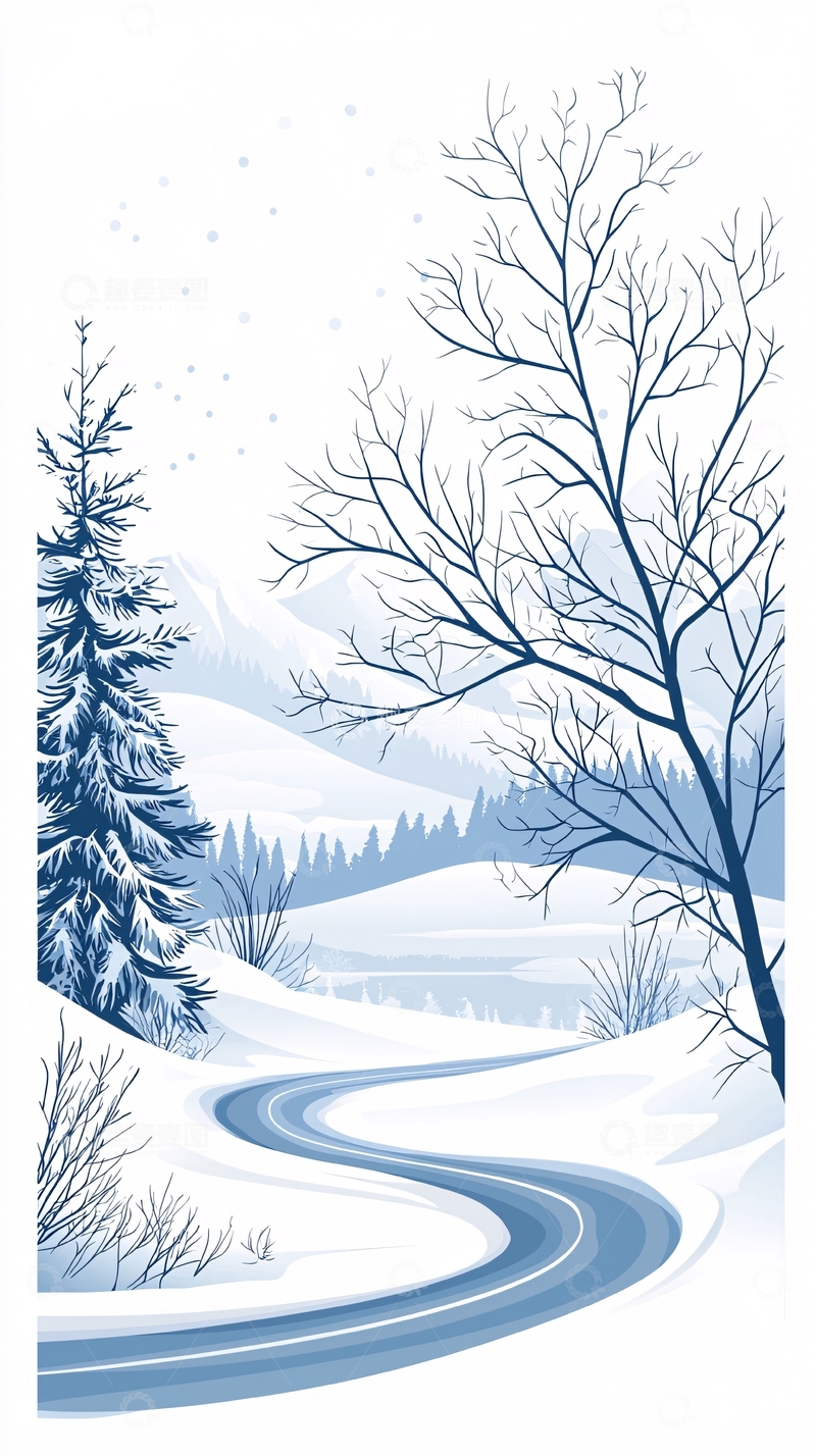 高清大图下载【趣麦麦图】冬日雪景小路插画