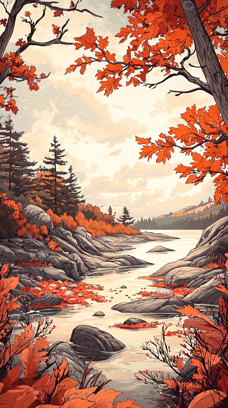 高清大图下载【趣麦麦图】秋日河流与红叶风景