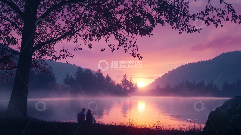 高清大图下载【趣麦麦图】湖边树下情侣赏日落
