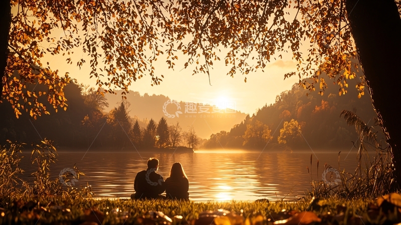 高清大图下载【趣麦麦图】秋日湖畔情侣剪影