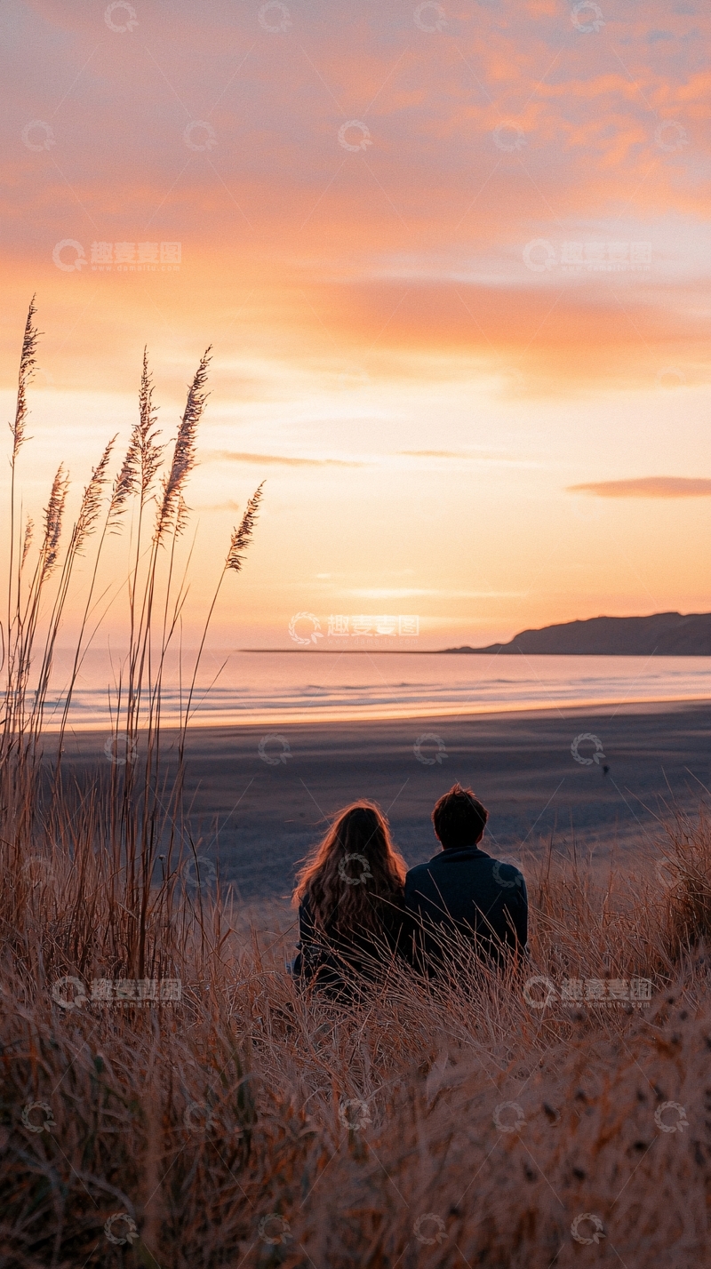 高清大图下载【趣麦麦图】情侣海滩日落