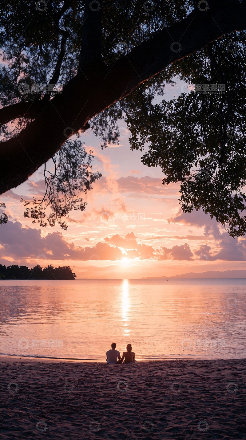 高清大图下载【趣麦麦图】夕阳下的海滩情侣剪影