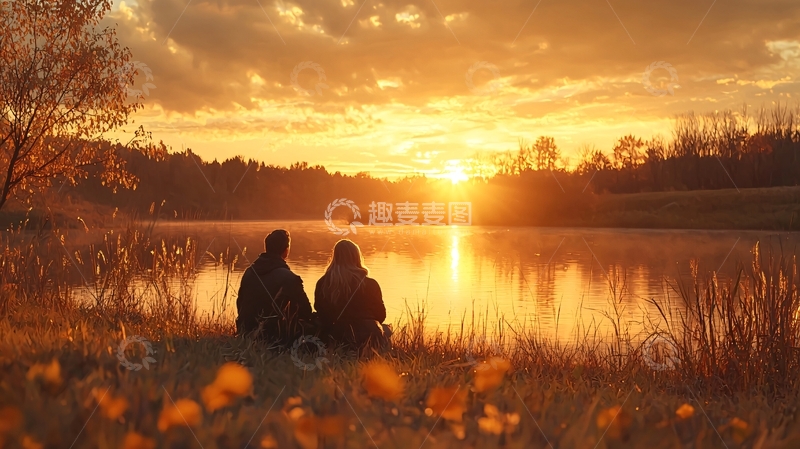 高清大图下载【趣麦麦图】秋日湖畔夕阳恋人