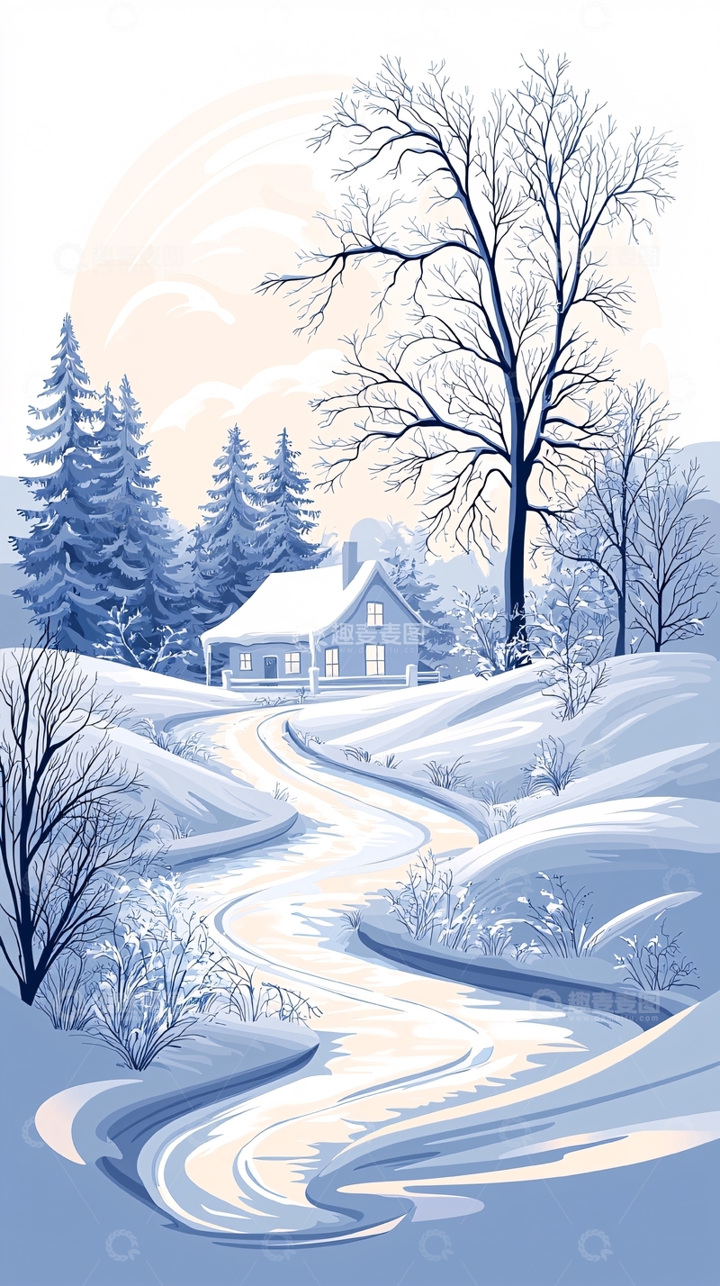 高清大图下载【趣麦麦图】冬日雪景中的小屋