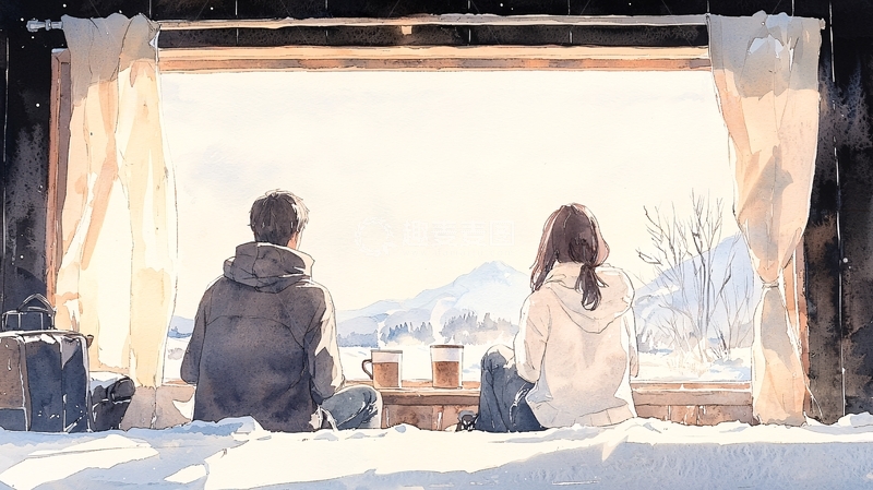 高清大图下载【趣麦麦图】冬日窗边情侣对坐