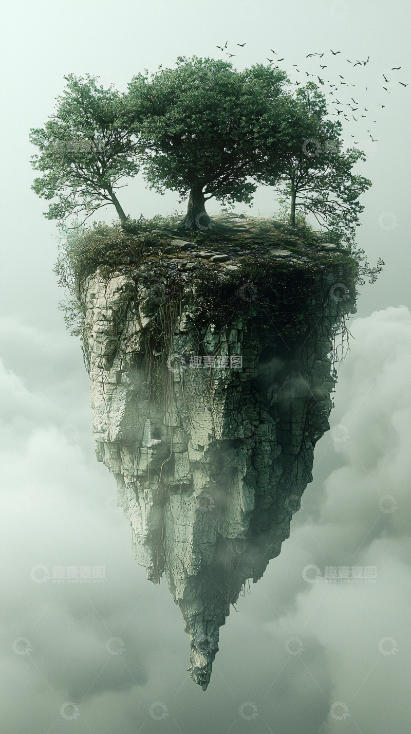 高清大图下载【趣麦麦图】漂浮在云中的岩石岛