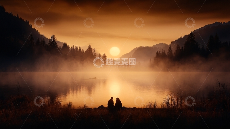 高清大图下载【趣麦麦图】晨雾中的湖边情侣剪影