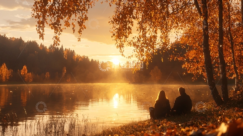 高清大图下载【趣麦麦图】秋日湖畔情侣赏夕阳