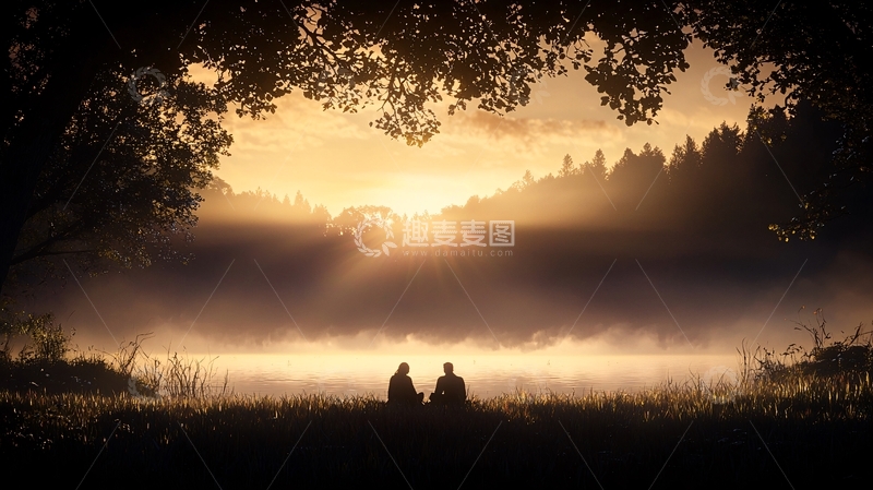 晨雾中的湖边散步