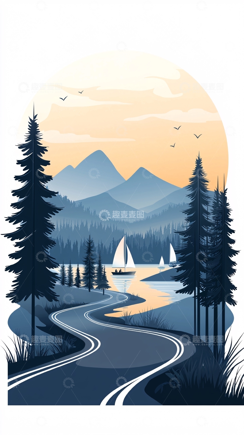 高清大图下载【趣麦麦图】山间湖畔帆船风景图