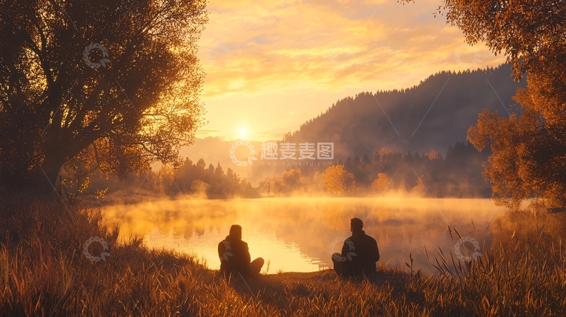 秋日湖畔晨雾中静坐的两个人