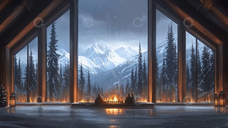 冬夜山间篝火温馨场景