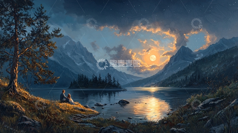 高清大图下载【趣麦麦图】月光下的湖畔情侣