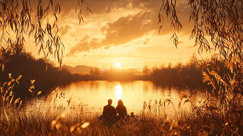 高清大图下载【趣麦麦图】夕阳下的湖边情侣