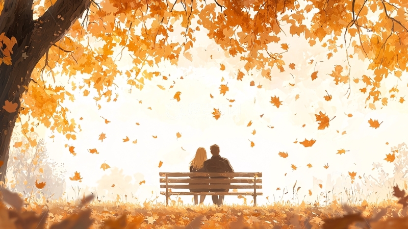 高清大图下载【趣麦麦图】秋日落叶下的情侣