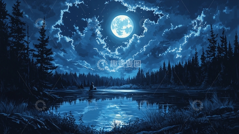 高清大图下载【趣麦麦图】夜色湖畔静谧月光