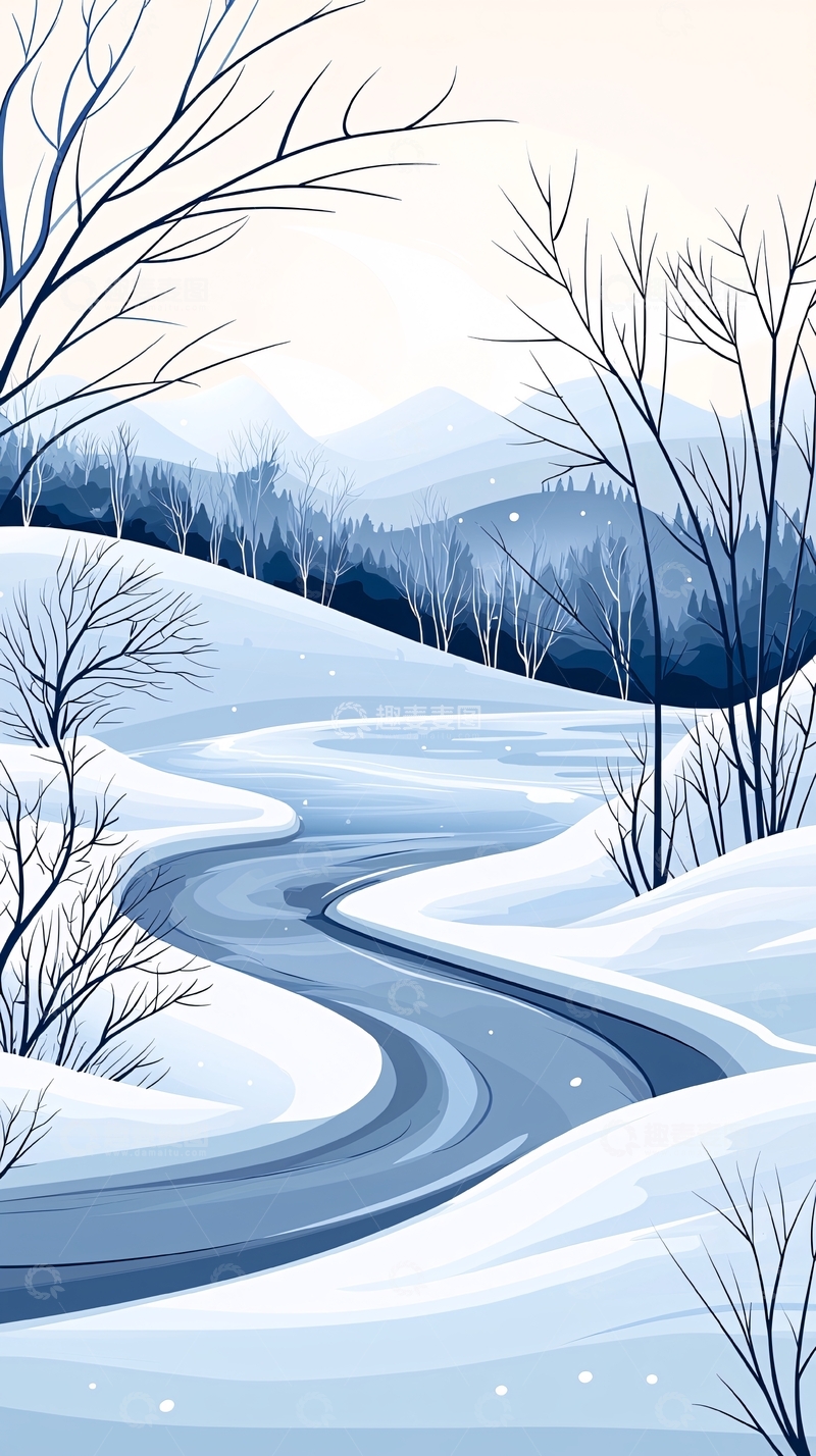 高清大图下载【趣麦麦图】冬日雪景河流风景插画