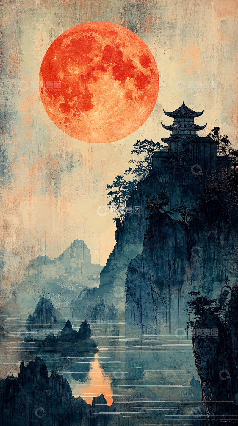 高清大图下载【趣麦麦图】红月映山楼高清图片