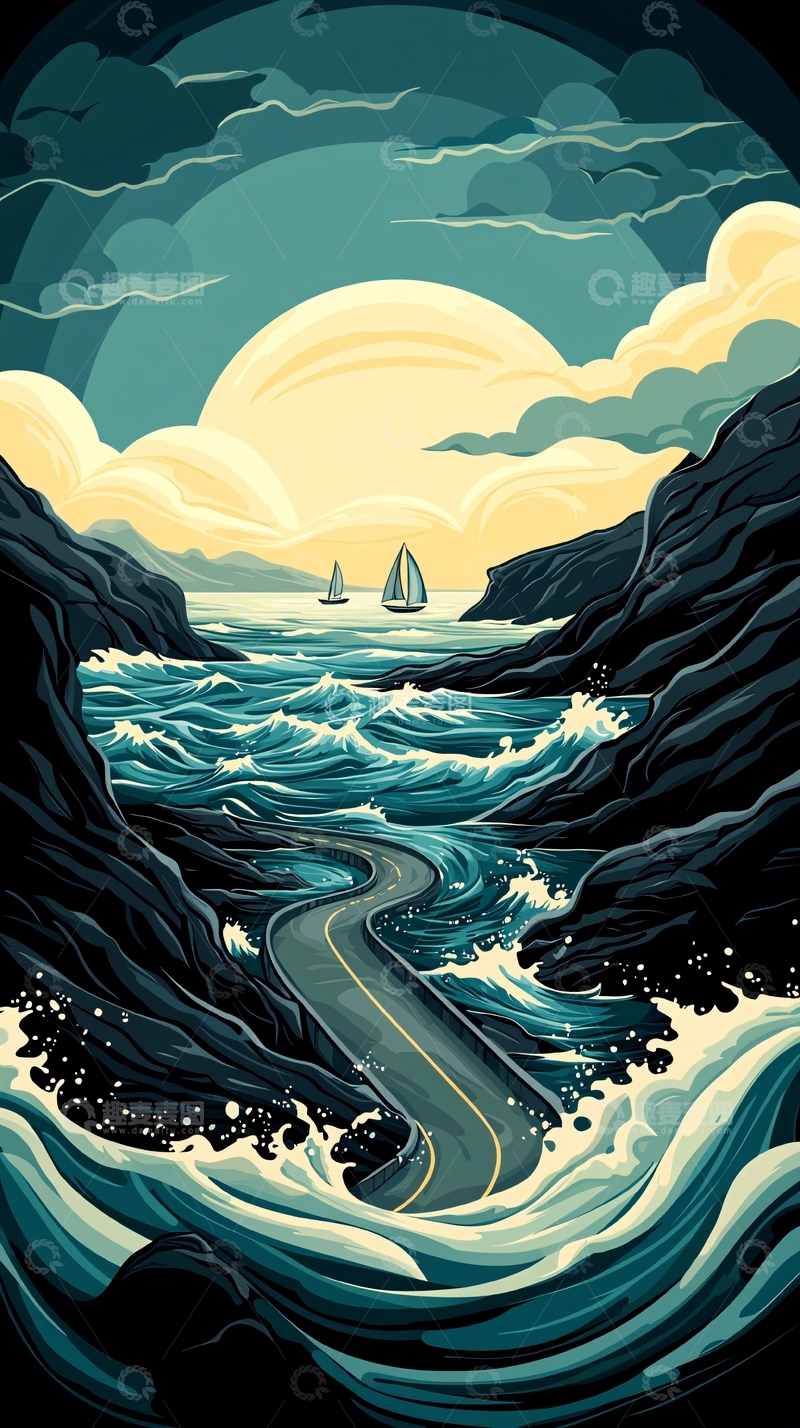 高清大图下载【趣麦麦图】-海浪中的蜿蜒公路