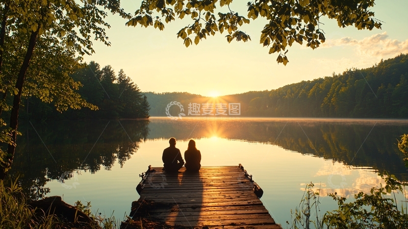 高清大图下载【趣麦麦图】湖边日落情侣静坐码头