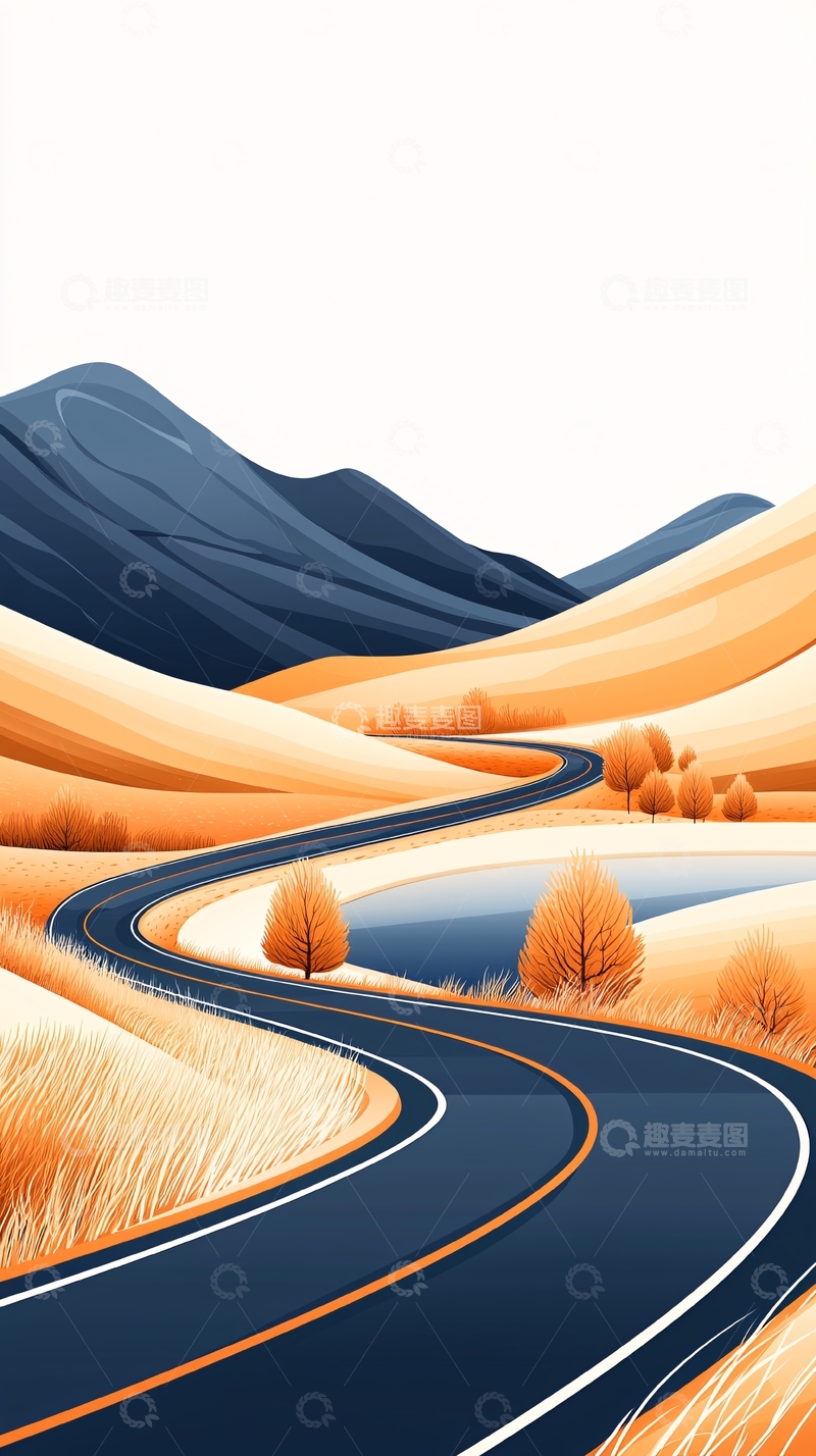 高清大图下载【趣麦麦图】蜿蜒山路秋景图