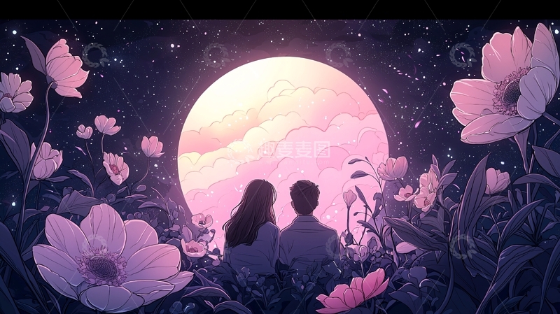 高清大图下载【趣麦麦图】月下花海情侣剪影