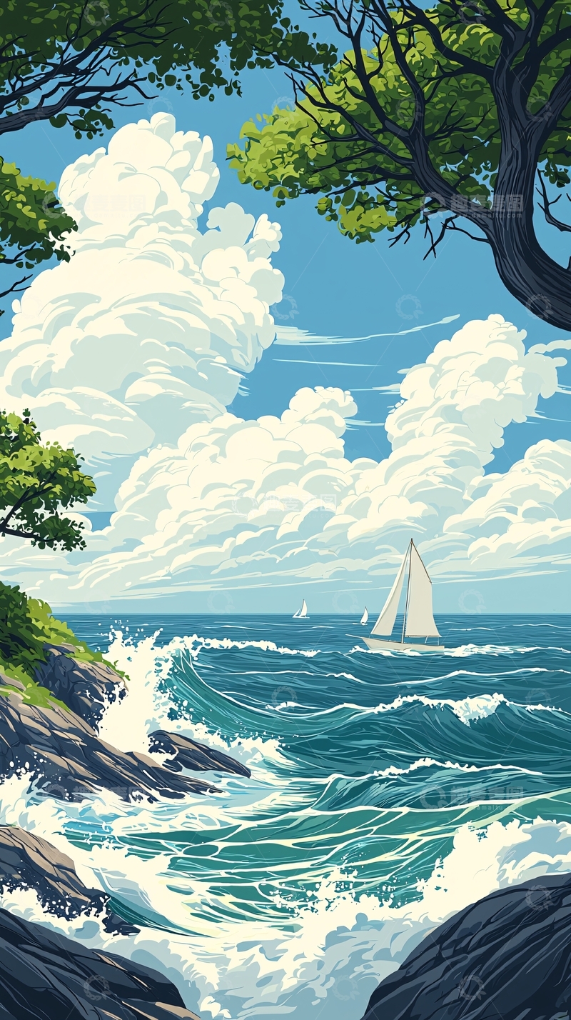 高清大图下载【趣麦麦图】海浪与帆船的夏日风光