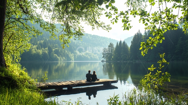 湖边静谧的两个人影