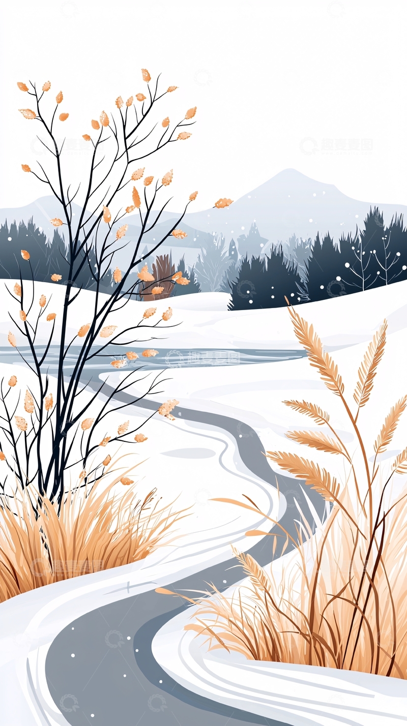 高清大图下载【趣麦麦图】冬日雪景小径插画
