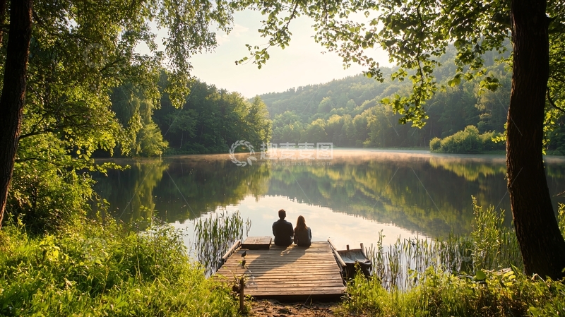 高清大图下载【趣麦麦图】湖边垂钓的两个人