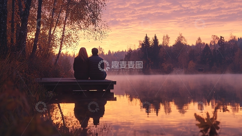 高清大图下载【趣麦麦图】秋日湖畔情侣剪影