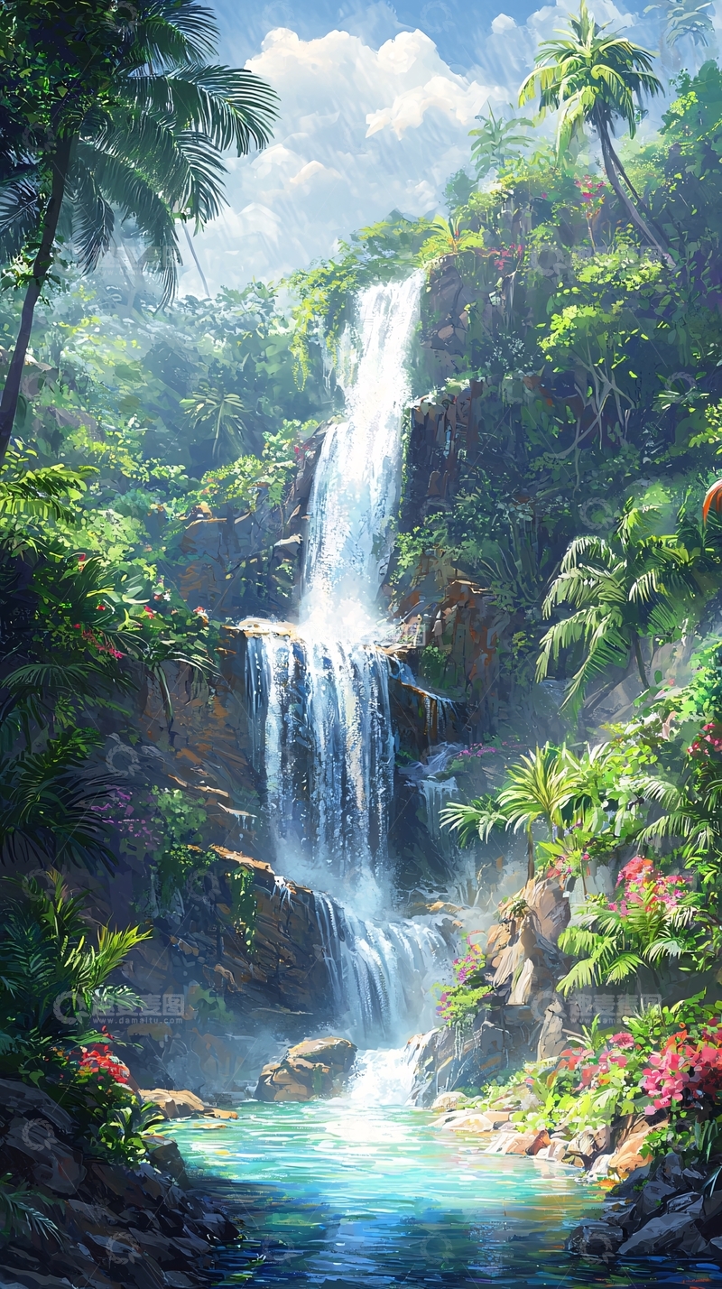 高清大图下载【趣麦麦图】热带雨林瀑布风景图