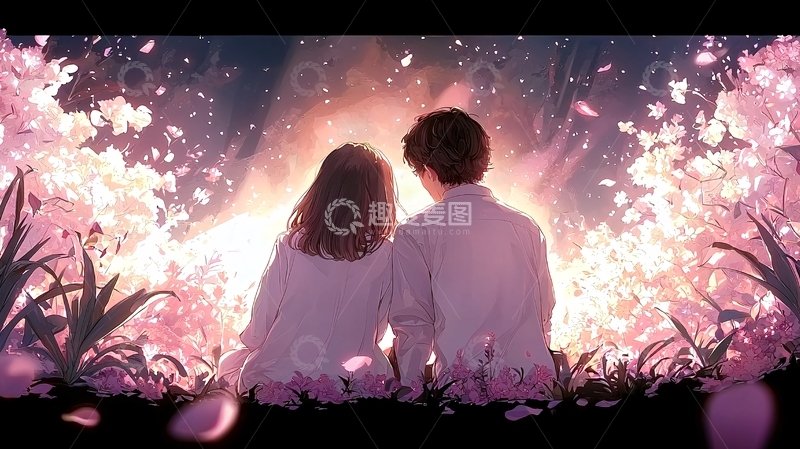 高清大图下载【趣麦麦图】樱花树下情侣剪影