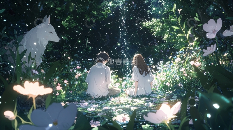 高清大图下载【趣麦麦图】森林中的情侣与独角兽