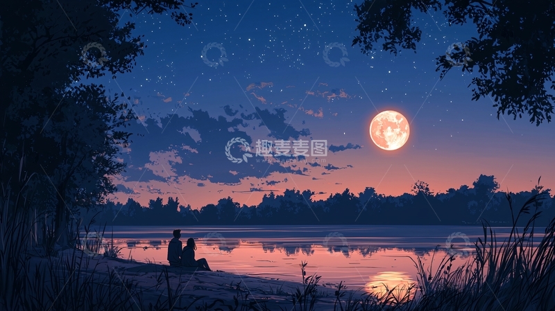 高清大图下载【趣麦麦图】月光下的湖畔情侣