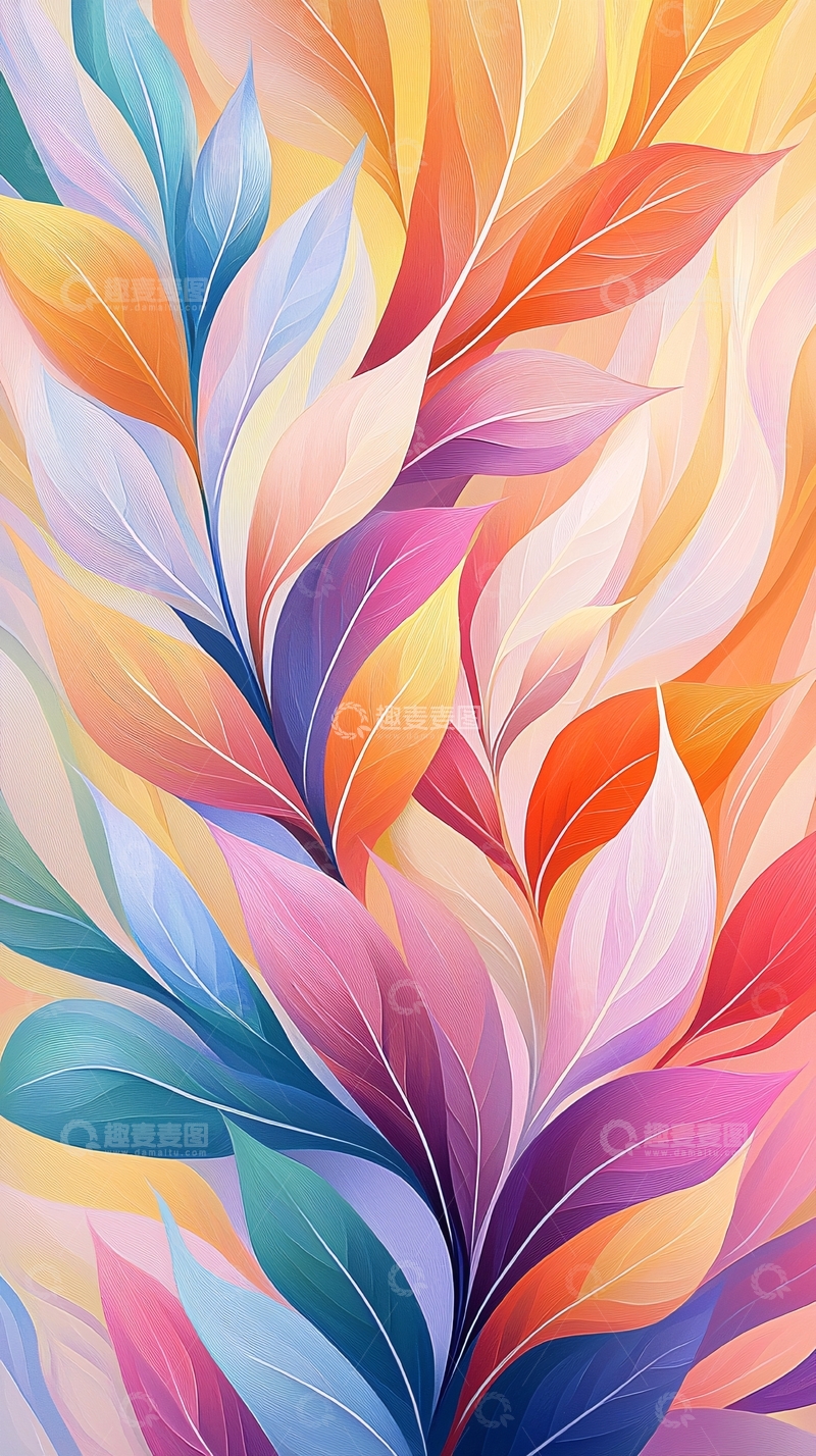 高清大图下载【趣麦麦图】色彩斑斓抽象叶子图案背景