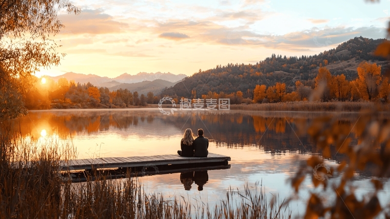 高清大图下载【趣麦麦图】秋日湖畔情侣静坐