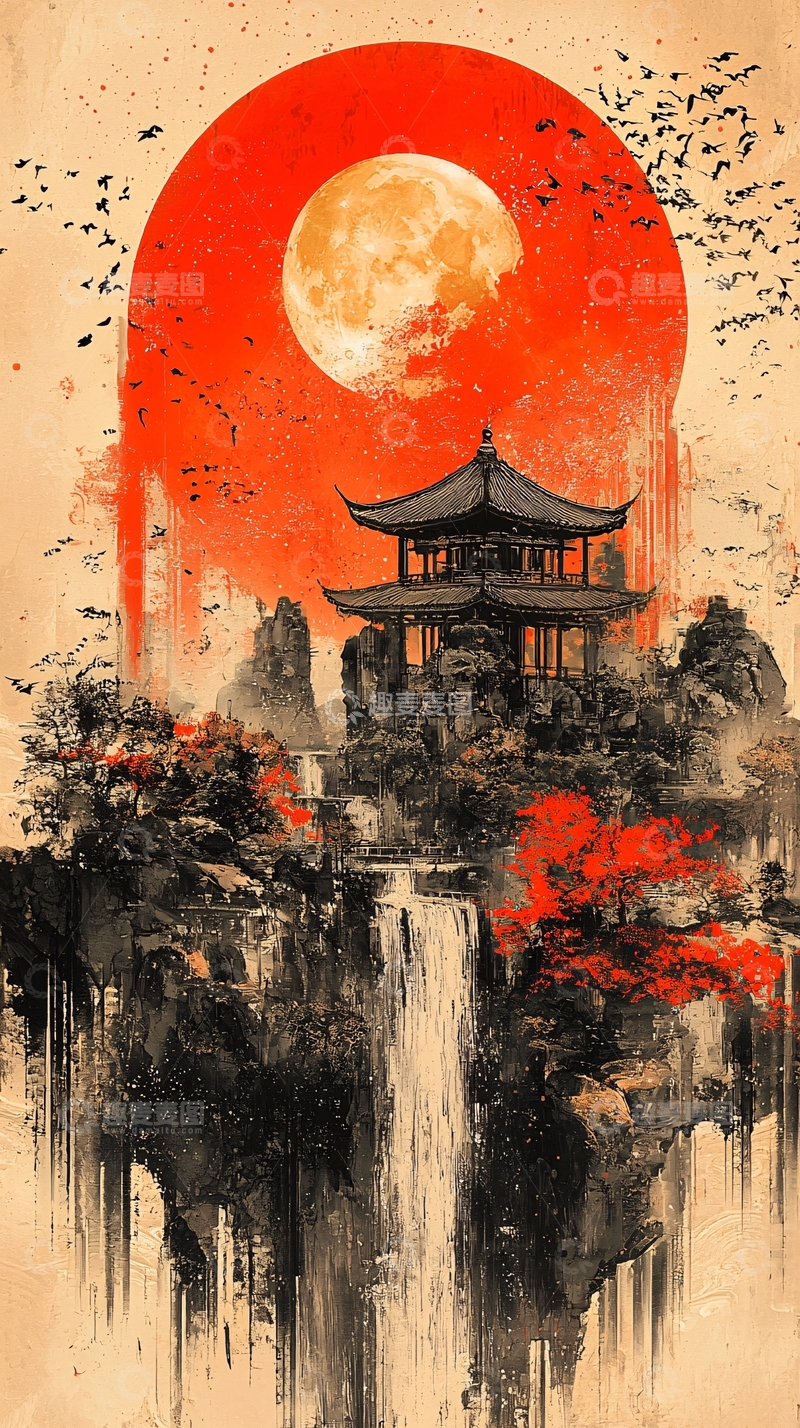 高清大图下载【趣麦麦图】日落山间古塔瀑布