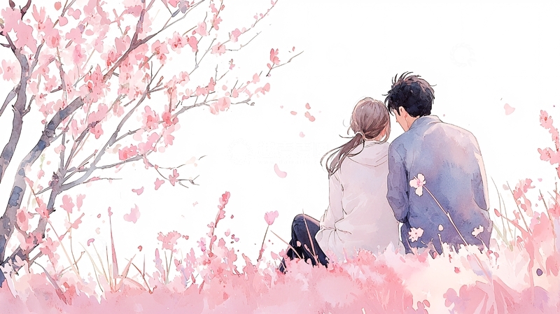 高清大图下载【趣麦麦图】樱花树下情侣坐谈