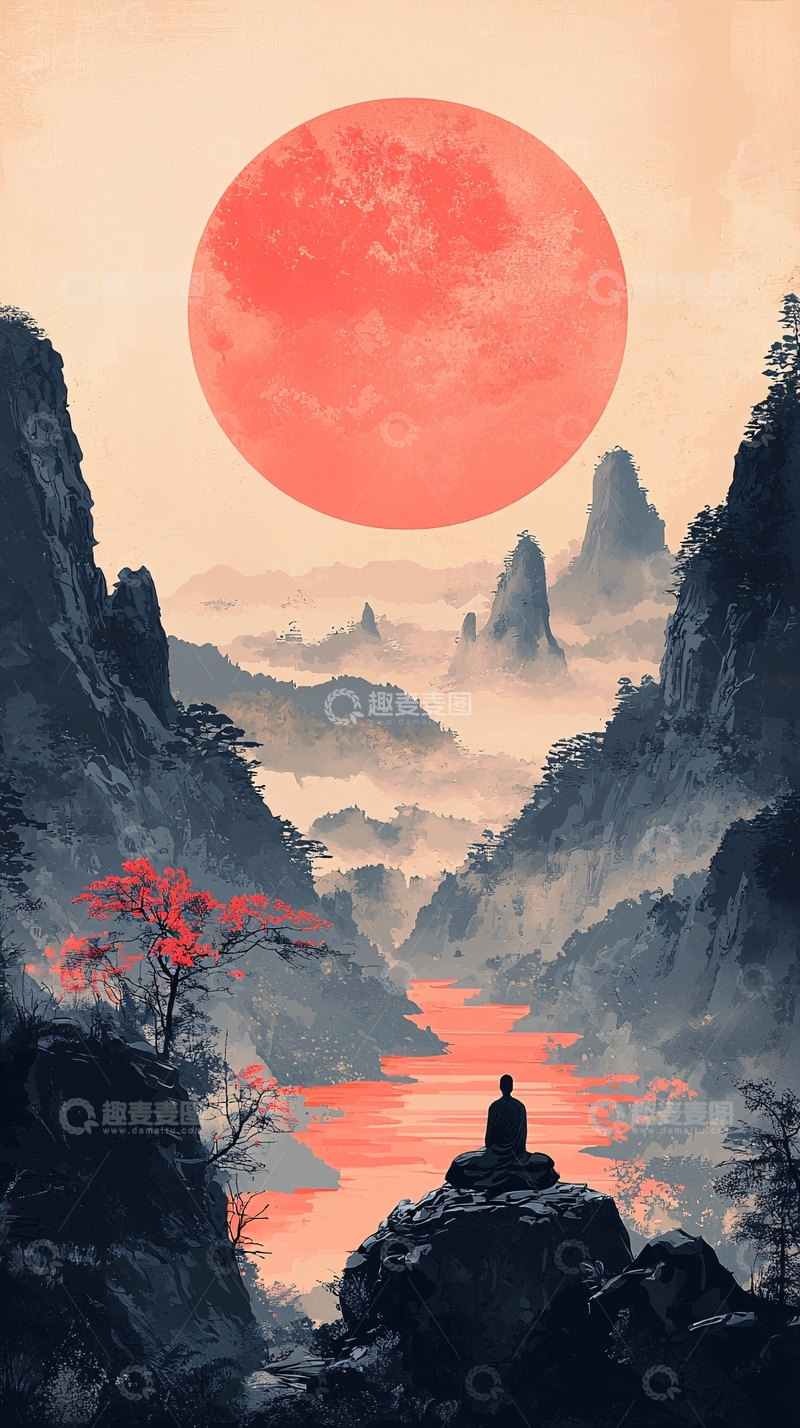 高清大图下载【趣麦麦图】日落山间冥想者