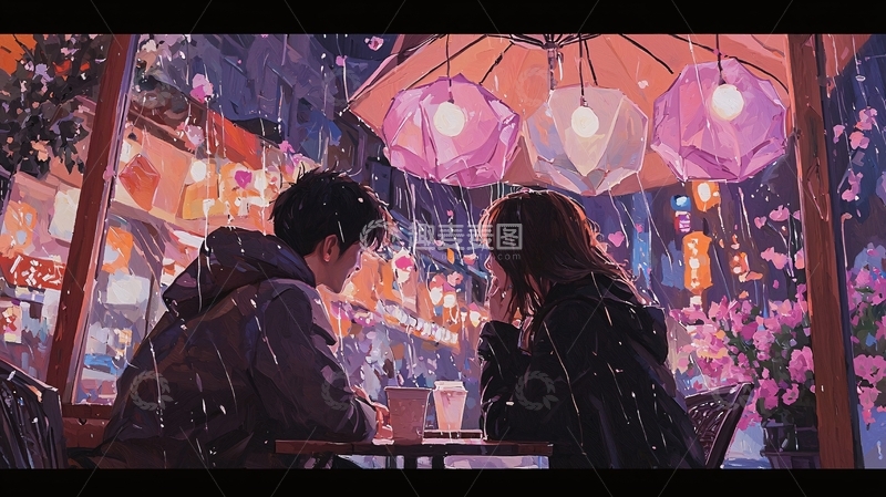 高清大图下载【趣麦麦图】雨中咖啡馆情侣约会场景