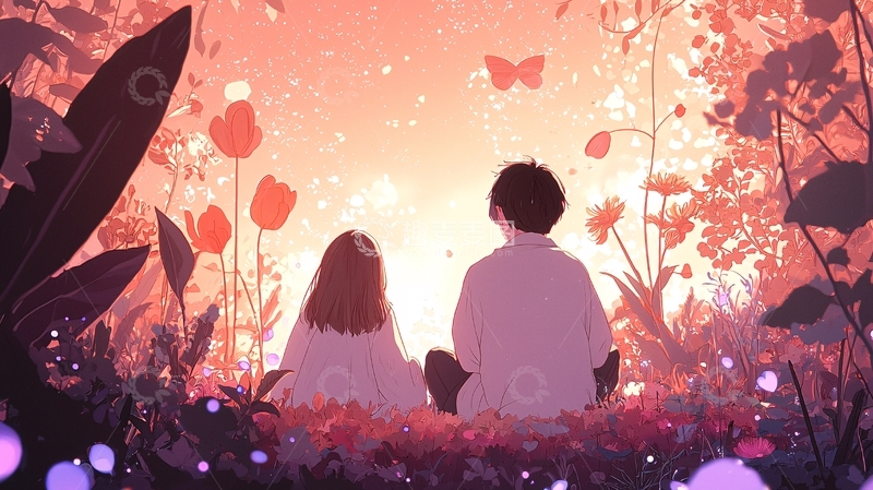 高清大图下载【趣麦麦图】夕阳下的情侣花海
