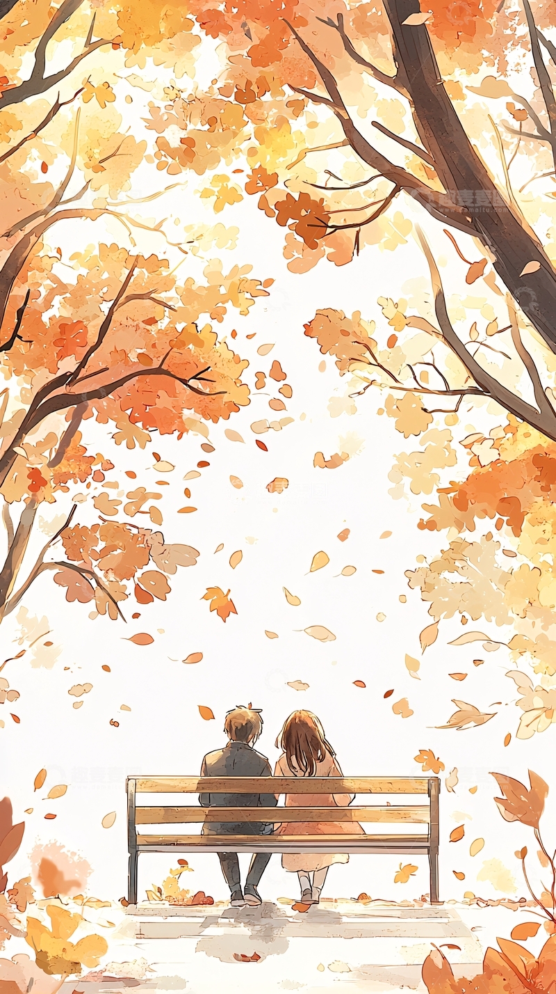 高清大图下载【趣麦麦图】秋日落叶下的情侣