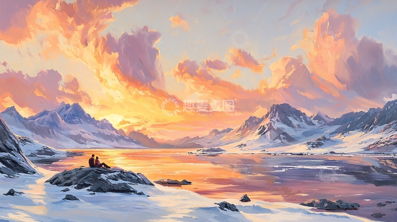 高清大图下载【趣麦麦图】雪山湖畔夕阳恋人