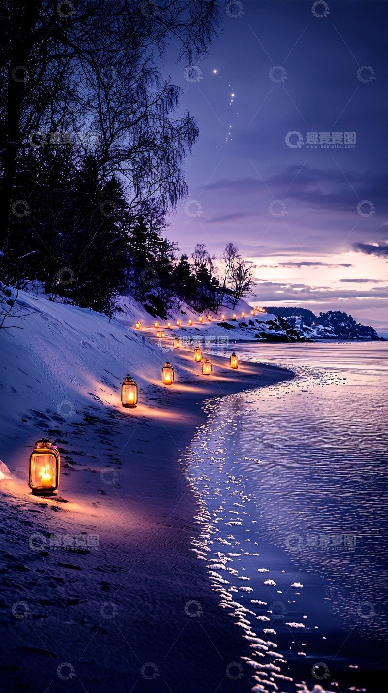 高清大图下载【趣麦麦图】冬夜海边烛光小径