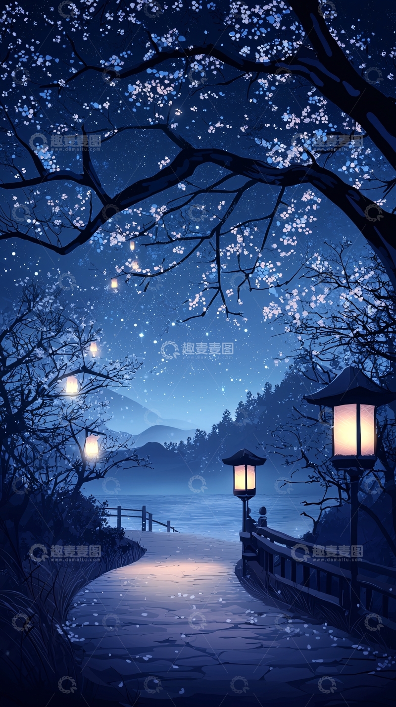 高清大图下载【趣麦麦图】夜晚樱花小径灯影