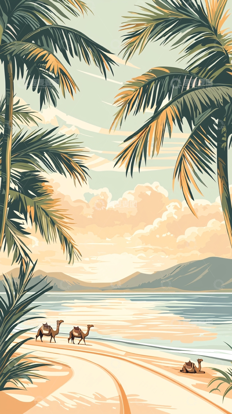 高清大图下载【趣麦麦图】热带海滩上的骆驼与棕榈树